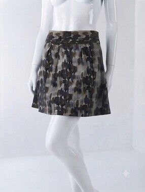 Cotton Sateen Skirt Neutral Taupe Grey Abstract Print Pockets Lined Size 4